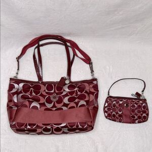 Coach Diaper Bag Maroon Burgundy Silver F20425 with Matching Small Bag